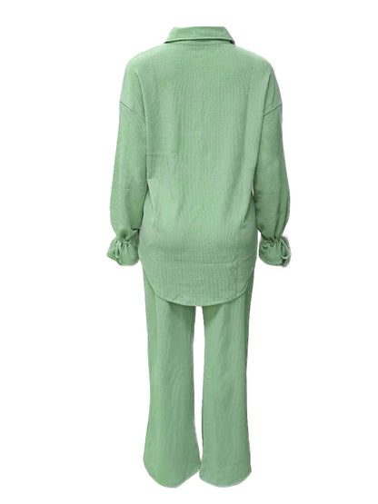 Women's  Plain Button Front Pants 2 Piece Sets, Back To School Outfits, Casual Basic Breathable Comfortable Soft Drawstring Longsleeves Cuff Blouse & Split Wide Leg Pants, Fall Clothing for Women Fall Daily Wear, Two Piece Set Women, Suits