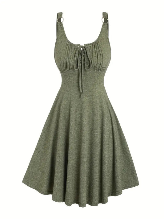 Women's Plain Lace Up Tie Front Tank Dress, Casual Fitted Sleeveless O-ring A Line Dress for Summer, Dresses for Women, Ladies Clothes for Everyday Daily Wear, Womenswear, Vacation Dresses - Seldom Seen Styles