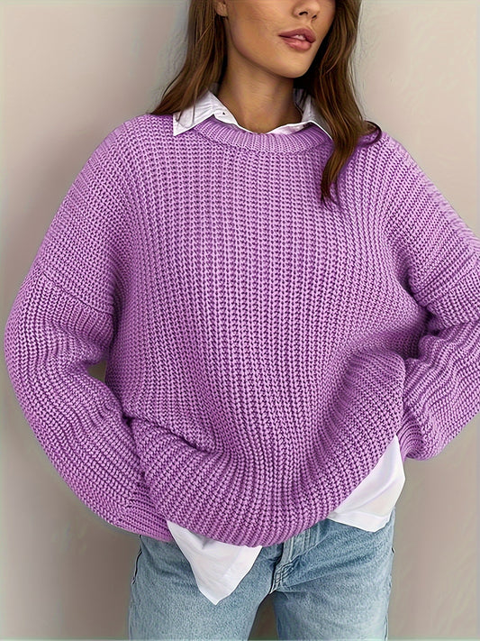 Solid Crew Neck Pullover Sweater, Casual Long Sleeve Loose Knitted Sweater For Fall & Winter, Women's Clothing