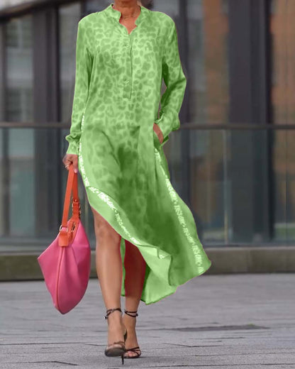 Women's Leopard Print Long Sleeve Split Maxi Dress V Neck Button Flowy Long Dress with Pockets Fashion Streetwears