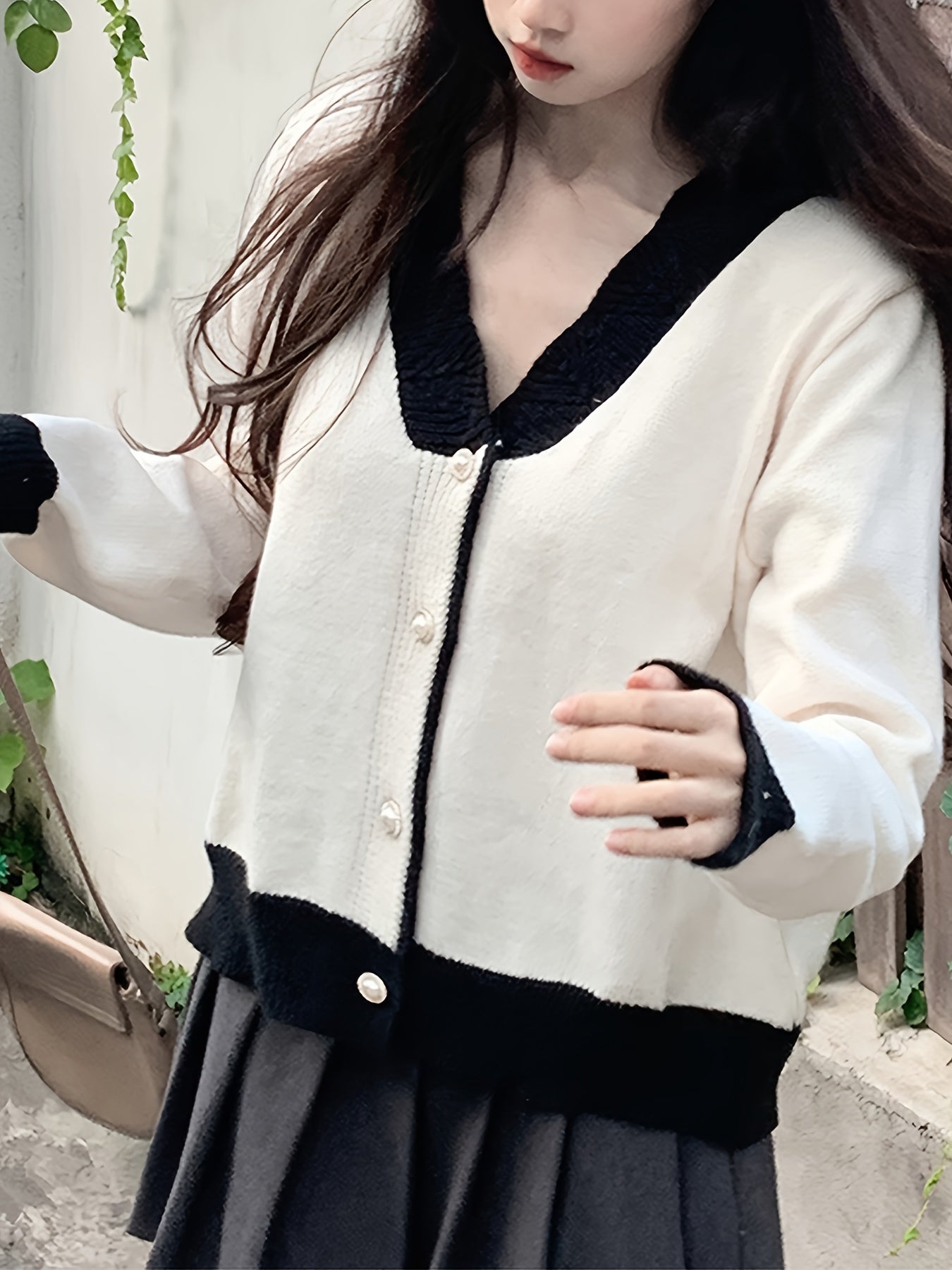 Color Block Button Down Knit Cardigan, Casual V Neck Long Sleeve Sweater, Women's Clothing