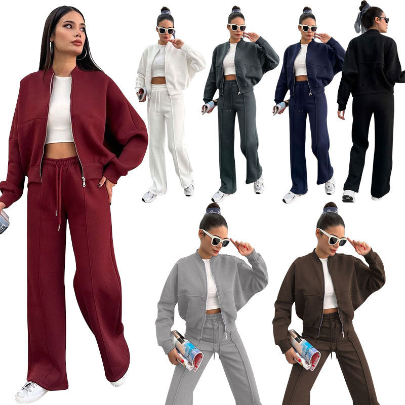Women's Solid Zip Up Crop Jacket & Drawstring Waist Pants Two-piece Set, Casual Fashion Drop Shoulder Long Sleeve Top & High Waist Trousers Womenswear Suits for Outdoor Wear, Women's Clothing for Spring & Fall 90s Clothes - Seldom Seen Styles