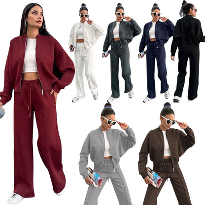 Women's Solid Zip Up Crop Jacket & Drawstring Waist Pants Two-piece Set, Casual Fashion Drop Shoulder Long Sleeve Top & High Waist Trousers Womenswear Suits for Outdoor Wear, Women's Clothing for Spring & Fall 90s Clothes