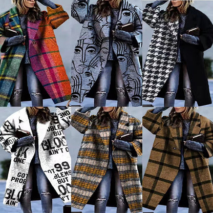 New Arrival  Autumn Foreign Women's Clothing  Long Sleeve Turn-down Collar Coat Printed Woolen Long-Cut Coat