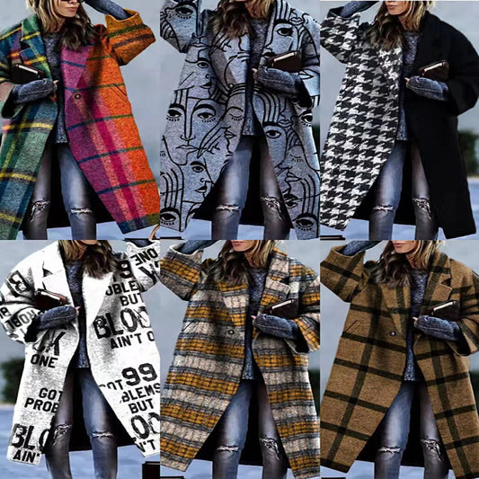 2024Cross-Border New Arrival European and American Autumn Foreign Trade Women's Clothing Amazon Long Sleeve Turn-down Collar Coat Printed Woolen Long-Cut Coat