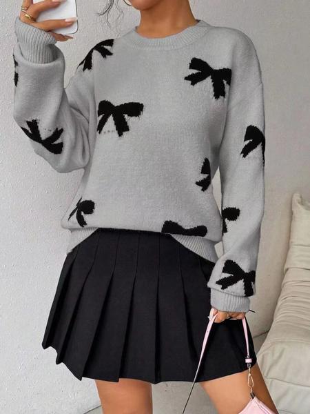 Fashion Bow Print Casual Basic Loose Knitted Sweater Pullover Autumn/Winter Women Pullovers New O-Neck Full Sleeve Knit Sweater, Knitwear - Seldom Seen Styles