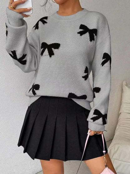 Fashion Bow Print Casual Basic Loose Knitted Sweater Pullover Autumn/Winter Women Pullovers New O-Neck Full Sleeve Knit Sweater, Knitwear