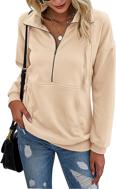 PRETTYGARDEN Women Casual Long Sleeve Lapel Zipper Sweatshirt Drawstring Loose Pullover Tops