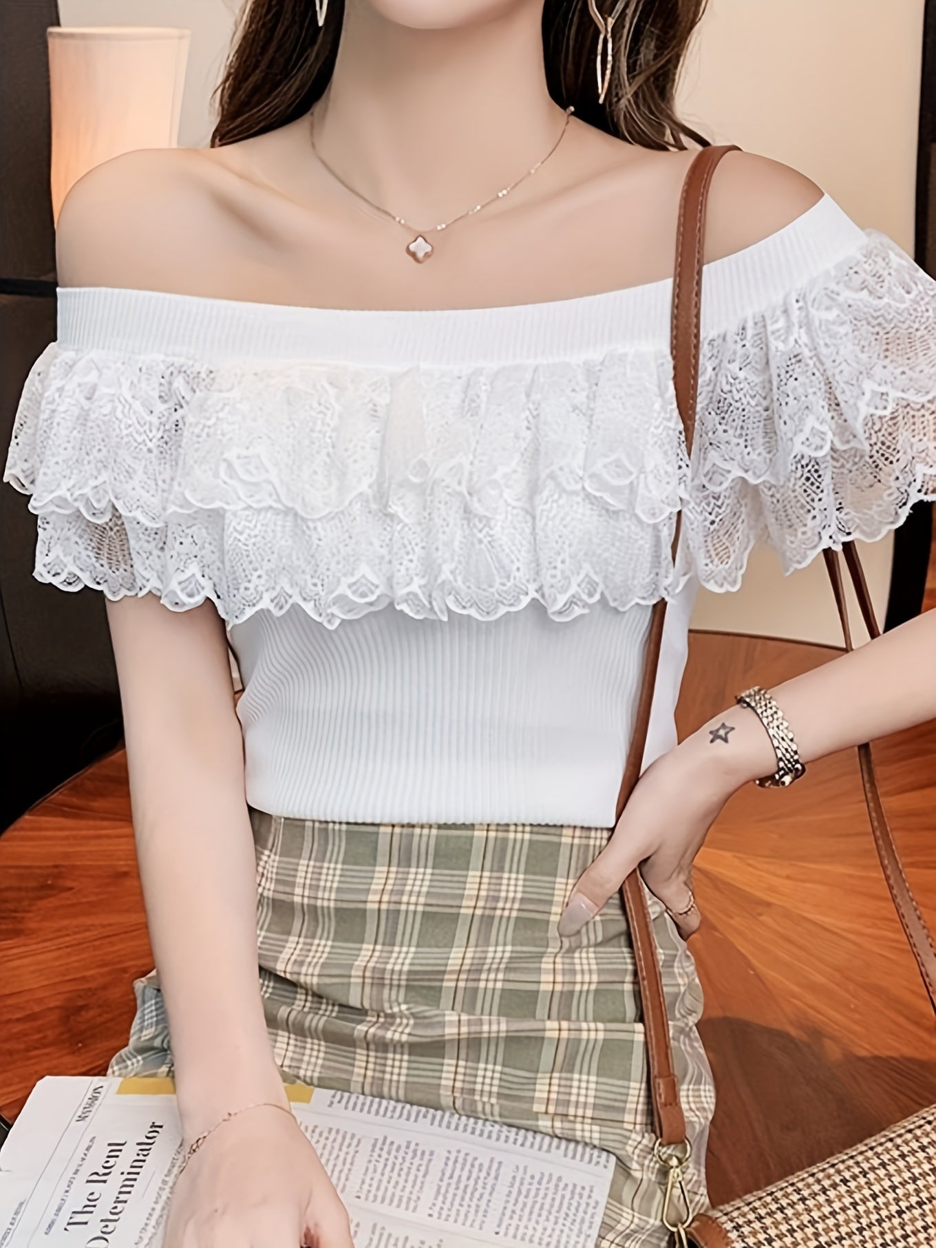 Layered Ruffle Hem Slim Top, Elegant Crew Neck Solid Color Knitted Top For Spring & Summer, Women's Clothing