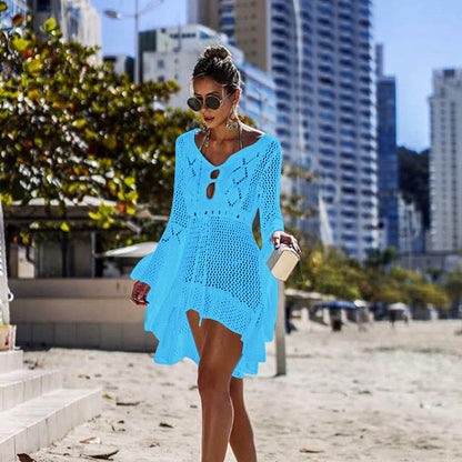 Hollow-out Sun Protection Shirt Bell Sleeve Beach Cover-up Bikini Cover  Hot Knitwear Swimsuit