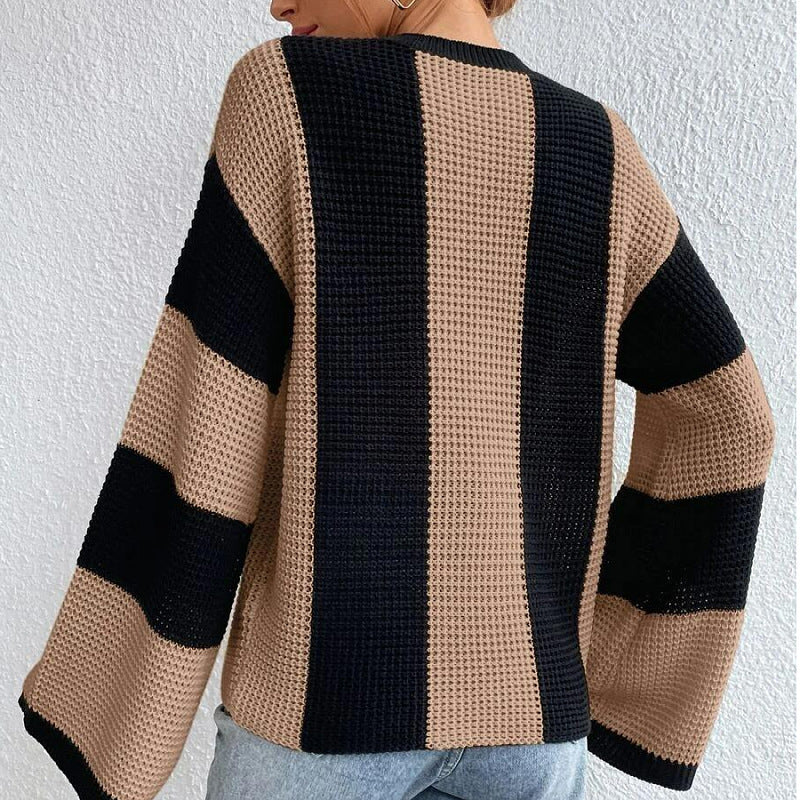 2024Autumn and Winter Cross-Border Foreign Trade Western Style Knitted Sweater Top round Neck Striped Design Niche Sweater Coat for Women