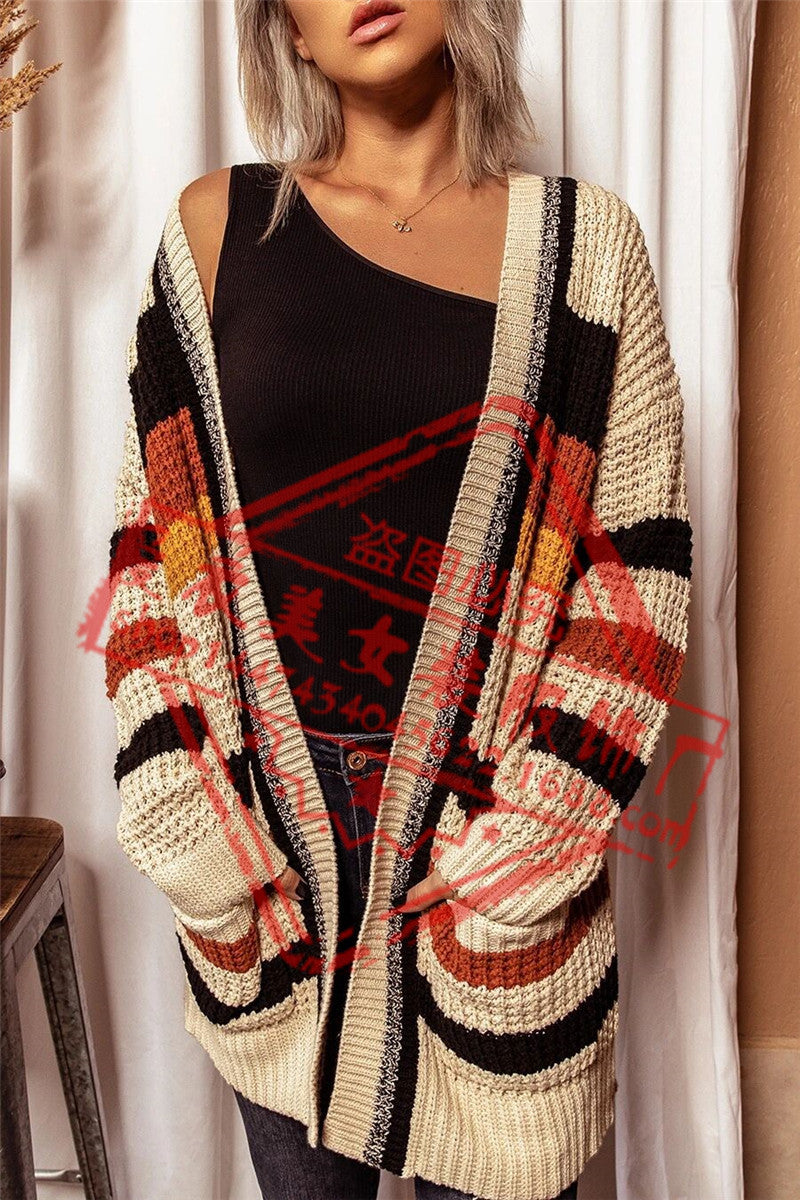 2024Autumn and Winter New LooseVCollar Long Sleeve Sweater Cardigan Women's Striped Sweater Coat