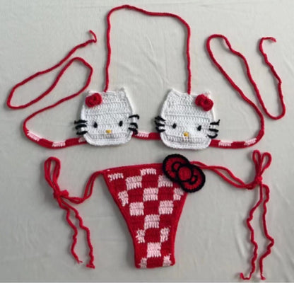 Hello Kitty Crochet Bikini Set 2pcs Bathing Suit Sexy Micro Bikinis Y2k Ties Swimsuit Thong Swimwear Miniso Women Swimming Suit Xinyi - Seldom Seen Styles