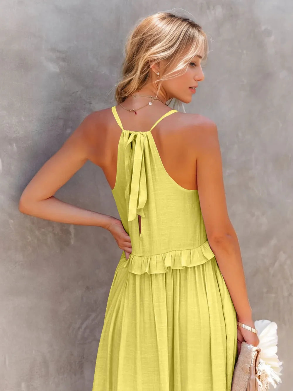 Women's Tiered Ruffle Maxi Dress with Pockets Smocked Halter Neckline Flowy Boho Summer Casual Long Dress - Seldom Seen Styles