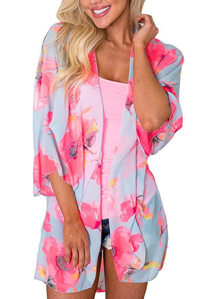 Women's Beach Cover up Swimsuit Kimono with Bohemian Floral Print, Loose Casual Resort Wear