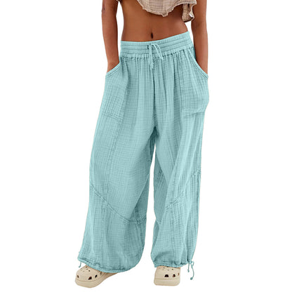Damen Casual Loose Fit Weite Beinhose Baumwolle Hose Kordelzug Nähte Baggy Pants Hose mit Taschen