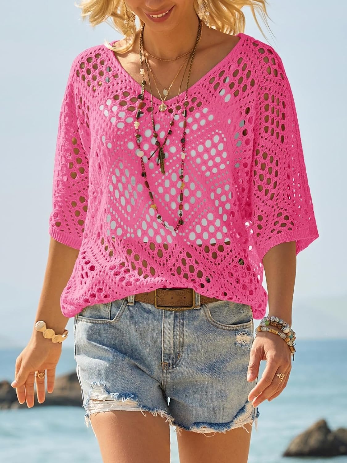 Women's Crochet Knit Top Boho Hollow Out V Neck Loose Fit Summer Beach Cover Up - Seldom Seen Styles