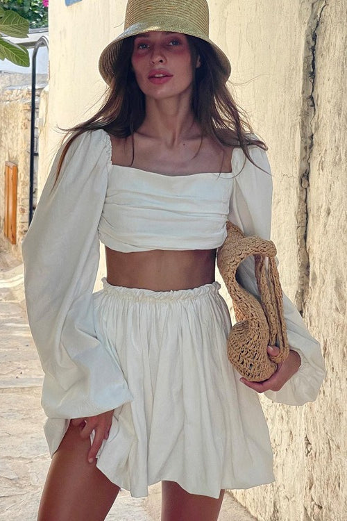 Women's Bandeau Crop Top and High Waist Mini Skirt Set Long Sleeve Vacation Two Piece Outfit - Seldom Seen Styles