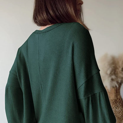 Chemisier ample à manches ballon et col en V pour femme, décontracté et basique, en tricot côtelé