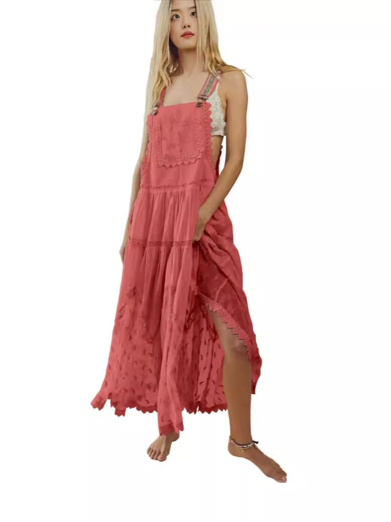 Women's Summer Laced Embroidered Tulle Bib Beachwear Dress Casual Comfortable Loose Adjustable Straps Maxi Dress Fabric Womenswear - Seldom Seen Styles