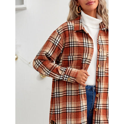 Europe and America Cross Border Women's Clothing2022Autumn and Winter Thickening Lapel Long Sleeve Loose Shirt Jacket Plaid Shirt for Women