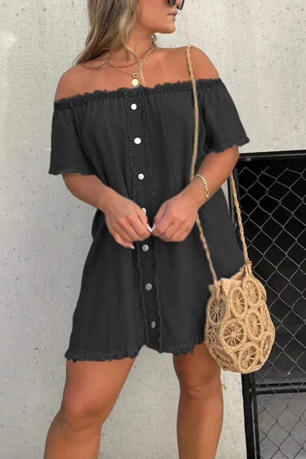 Fashionable Off Shoulder Short-sleeved Loose Denim Mini Dress - Seldom Seen Styles