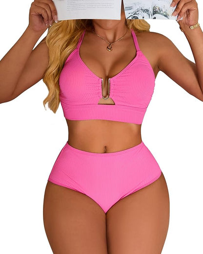 Ribbed High Rise Bikini Sets Women Large Bust Longline Modest Bikini Swimsuits 2 Piece - Seldom Seen Styles