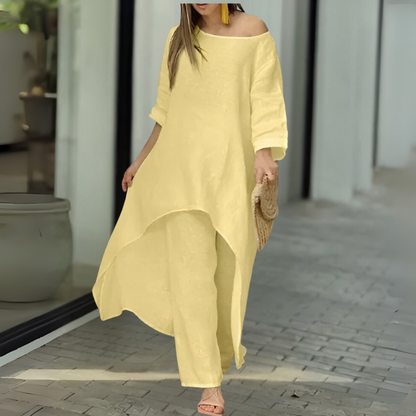 Womens Two Piece Set Dress Suit for Women Long Sleeve Cotton Linen Irregular Solid Crewneck Daily Wear Summer Set