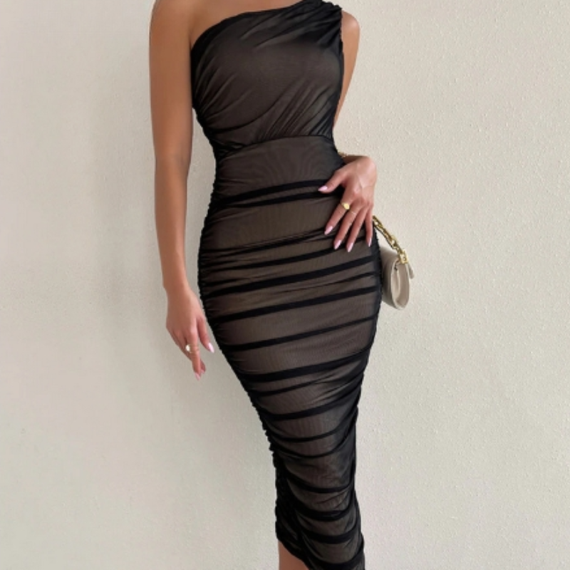 Double Layer Ruched Mesh Midi Dress - Seldom Seen Styles