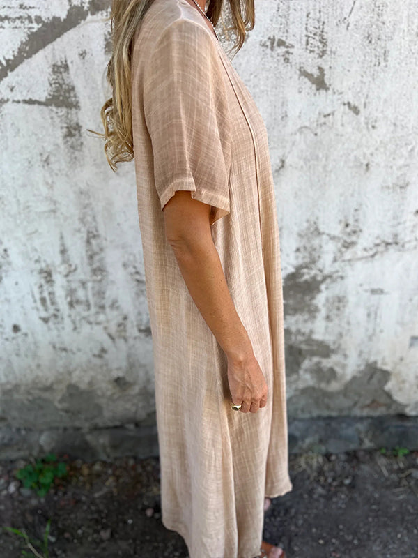 Cotton and Linen V-neck Midi Dress - Seldom Seen Styles
