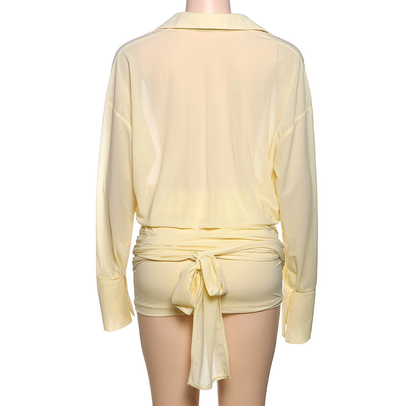 Women's Satin Shirt Mini Dress Deep V Long Sleeve Elegant Party Dress - Seldom Seen Styles