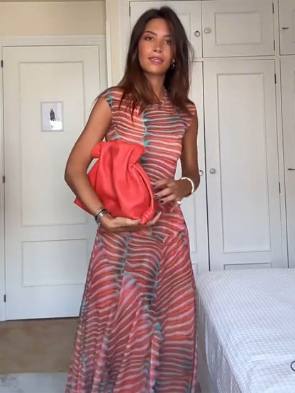 Women's Mesh Two Piece Set Sleeveless Crop Top and Bodycon Maxi Skirt Outfit