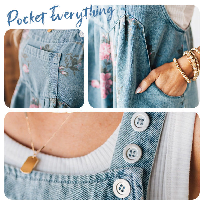 Women Casual Denim Bib Shorts Overalls Sleeveless Adjustable Straps Wide Leg Boho Floral Printed Baggy Rompers - Seldom Seen Styles