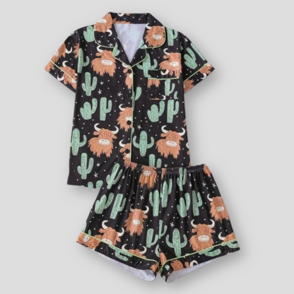 Women’s Silk Satin Pajama Set, Short Sleeve Button Down 2 Piece PJs with Shorts, Cozy Loungewear & Matching Holiday Pajamas