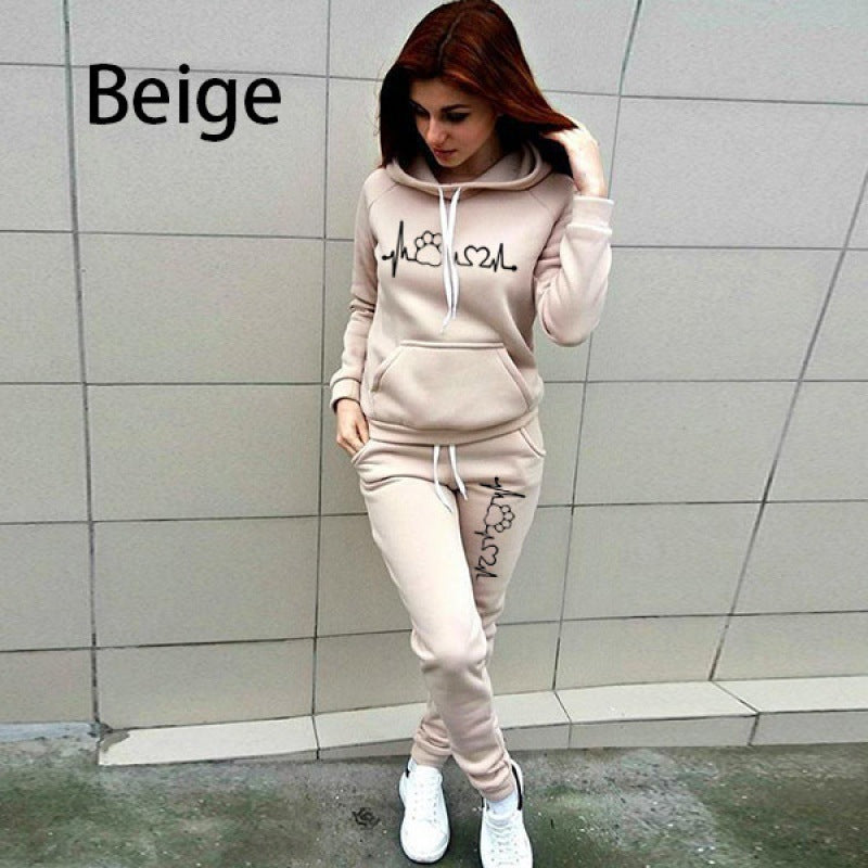 Two-Piece Set Women's Heart Print Raglan Sleeve Hoodie & Drawstring Waist Sweatpants Set, Casual Long Sleeve Hooded Pullover & Pocket Jogger Pants, Women's Fall & Winter Clothes, Holiday Outfits, Soft Clothes - Seldom Seen Styles