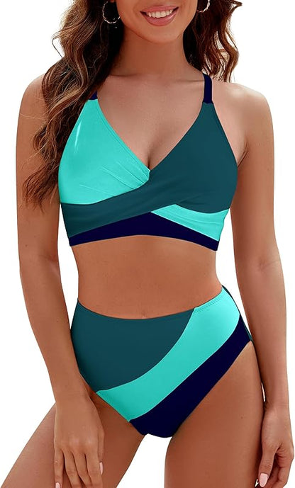 Womens High Waisted Bikini Sets Criss Cross Two Piece Swimsuits Color Block Full Coverage Bathing Suits - Seldom Seen Styles