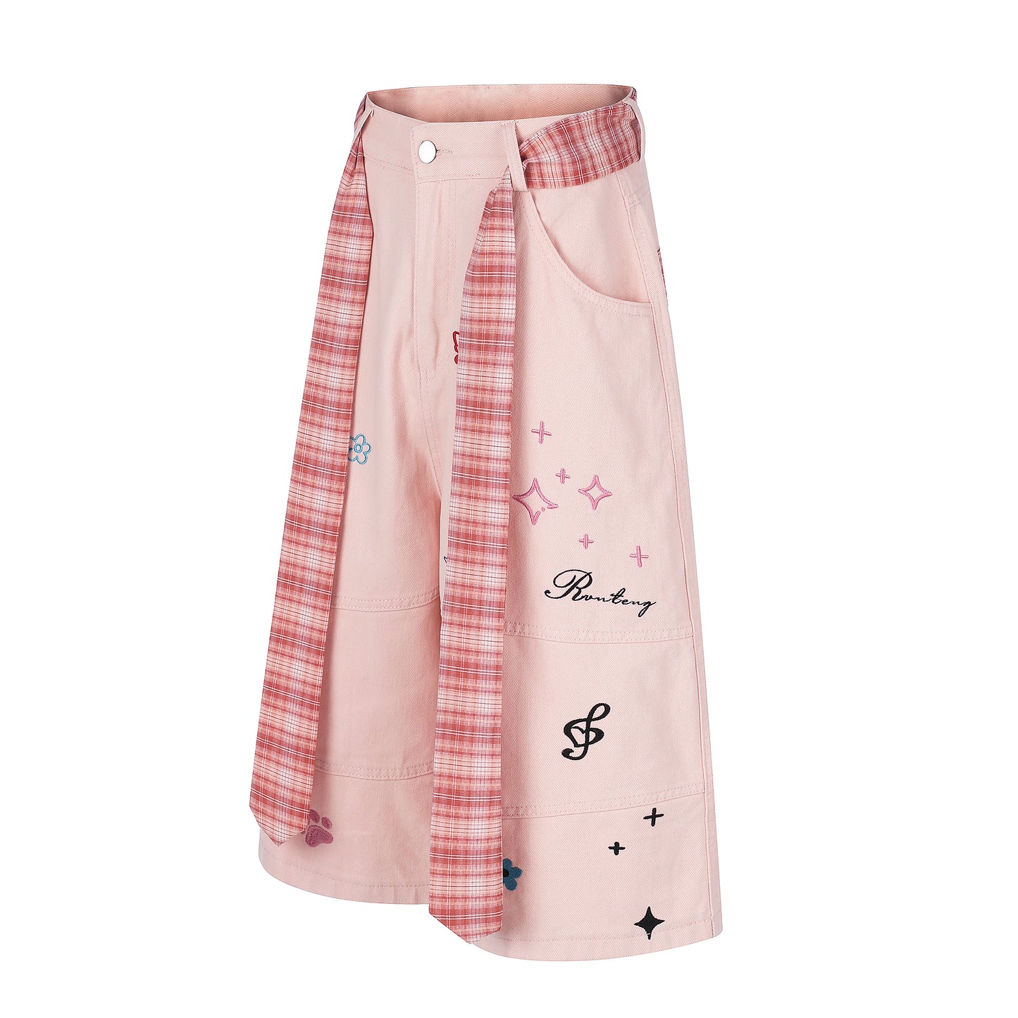 Women's Cute Embroidery Plaid Tie Wide Leg Denim Shorts High Waist Cherry Cat Bow Casual Sweet Streetwear Jean Shorts