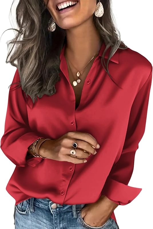 Satin Blouses for Women Silk Button Down Shirts Long Sleeve Business Casual Tops - Seldom Seen Styles