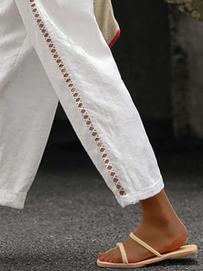 Loose Casual Hollow Out Lace Pockets Drawstring Waist Plain Linen Pants - Seldom Seen Styles