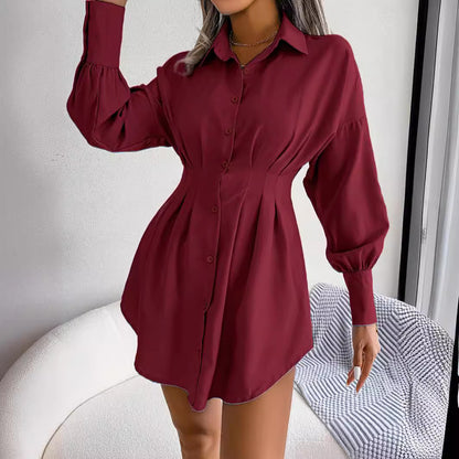 Women's Button Down Shirt Dress, Long Sleeve, Pleated Waist, Multiple Color Options Available