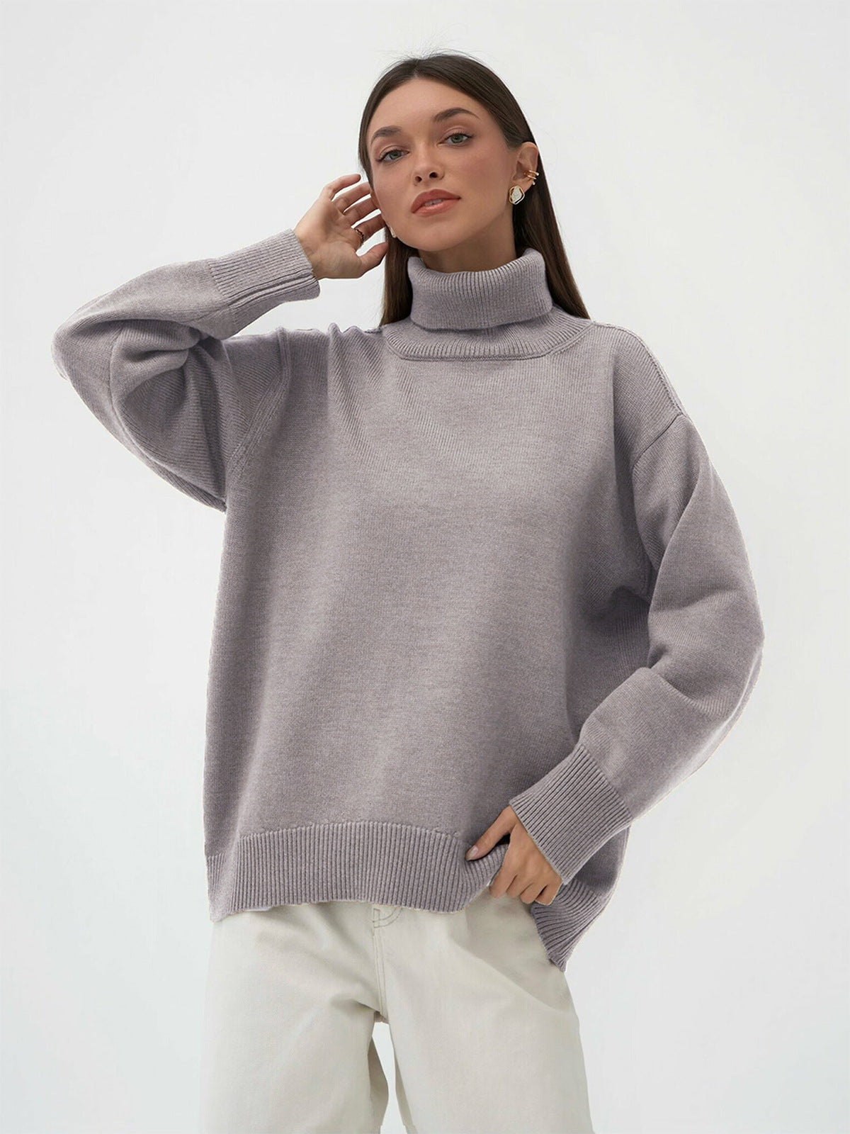 Cross-Border Amazon Turtleneck Sweater for Women2024European and American Autumn and Winter Loose Sweater Classic Versatile Solid Color Pullover Sweater