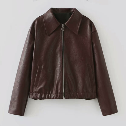 Women's Clothing   Solid Color Square Collar Leather Jacket Coat