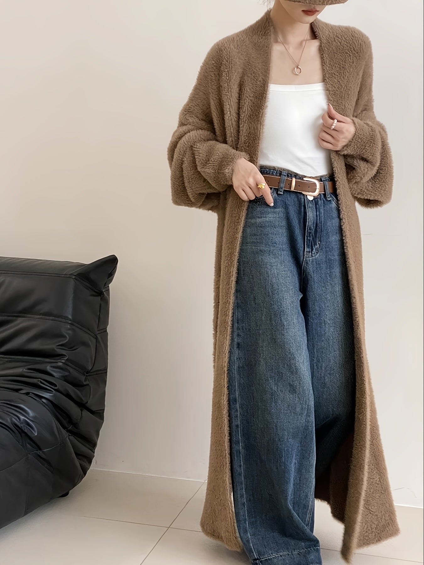 Solid Color Open Front Plush Cardigan, Elegant Long Length Oversized Cozy Sweater Outerwear, Women's Clothing