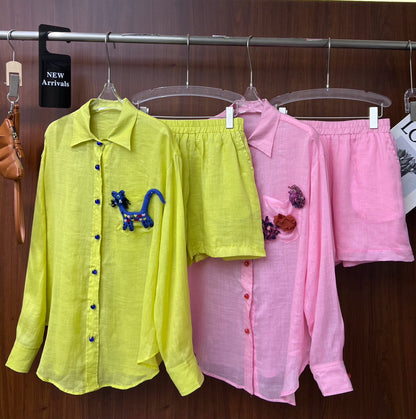 Women's Linen Blend Button Shirt Shorts Set Floral Embroidery Summer Beach Vacation Two Piece Outfit