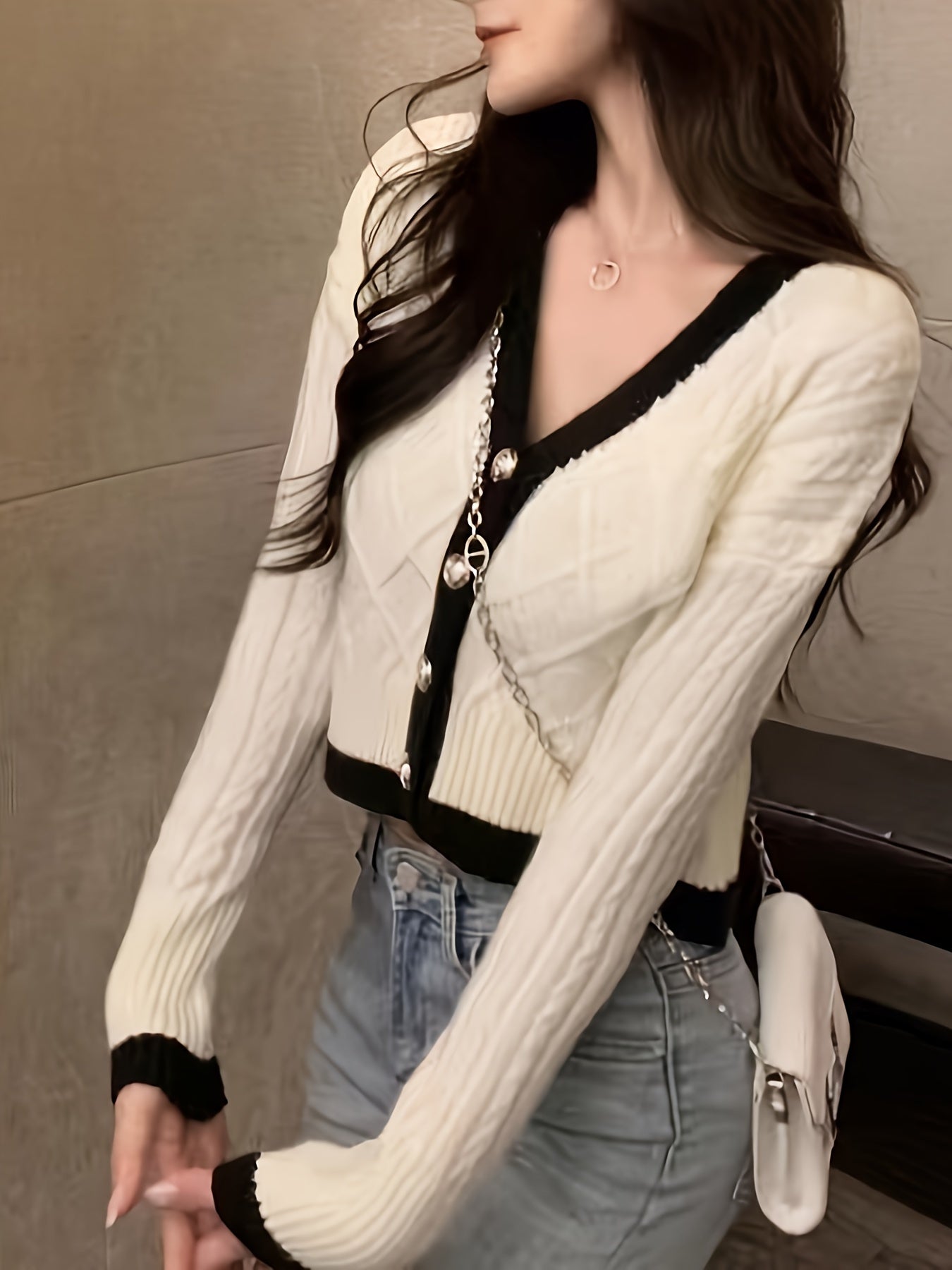 Elegant Contrast Trim Button Cardigan, Long Sleeve Cardigan For Spring & Fall, Women's Clothing