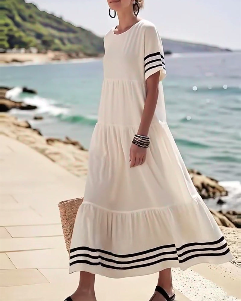 Summer Crew Neck Black Striped Loose A Line Sundress for Women with Short Sleeves Flowy Beach Patchwork Maxi Dresses - Seldom Seen Styles