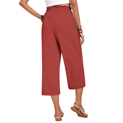Pantalon Capri pour femme avec cordon de serrage, pantalon Palazzo décontracté avec poches, pantalon de détente ample taille haute à jambes larges