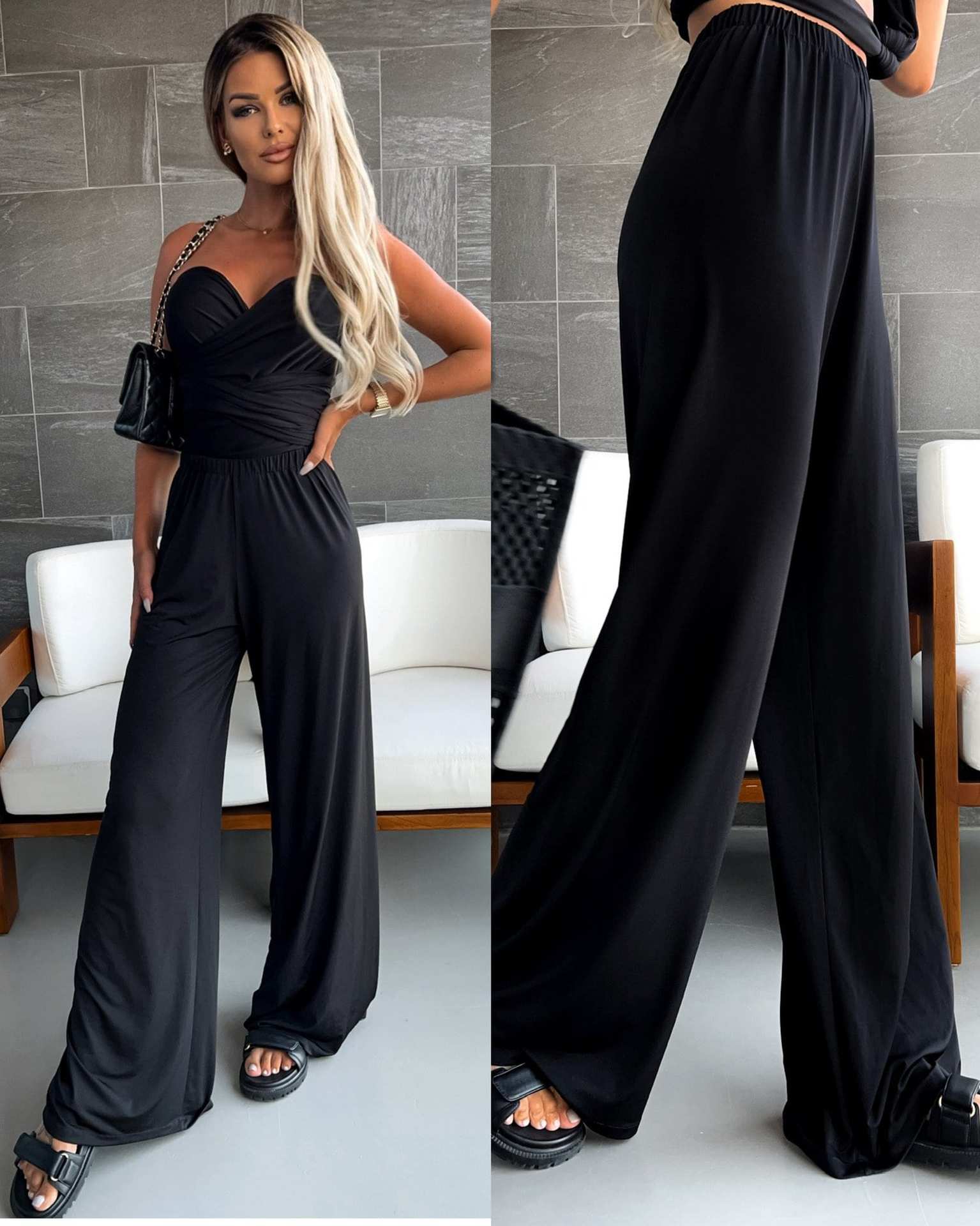 Womens Casual Wide Leg Pants Summer Fall Clothes Pleated Elastic Waist Loose Palazzo Knit Trousers with Pockets - Seldom Seen Styles