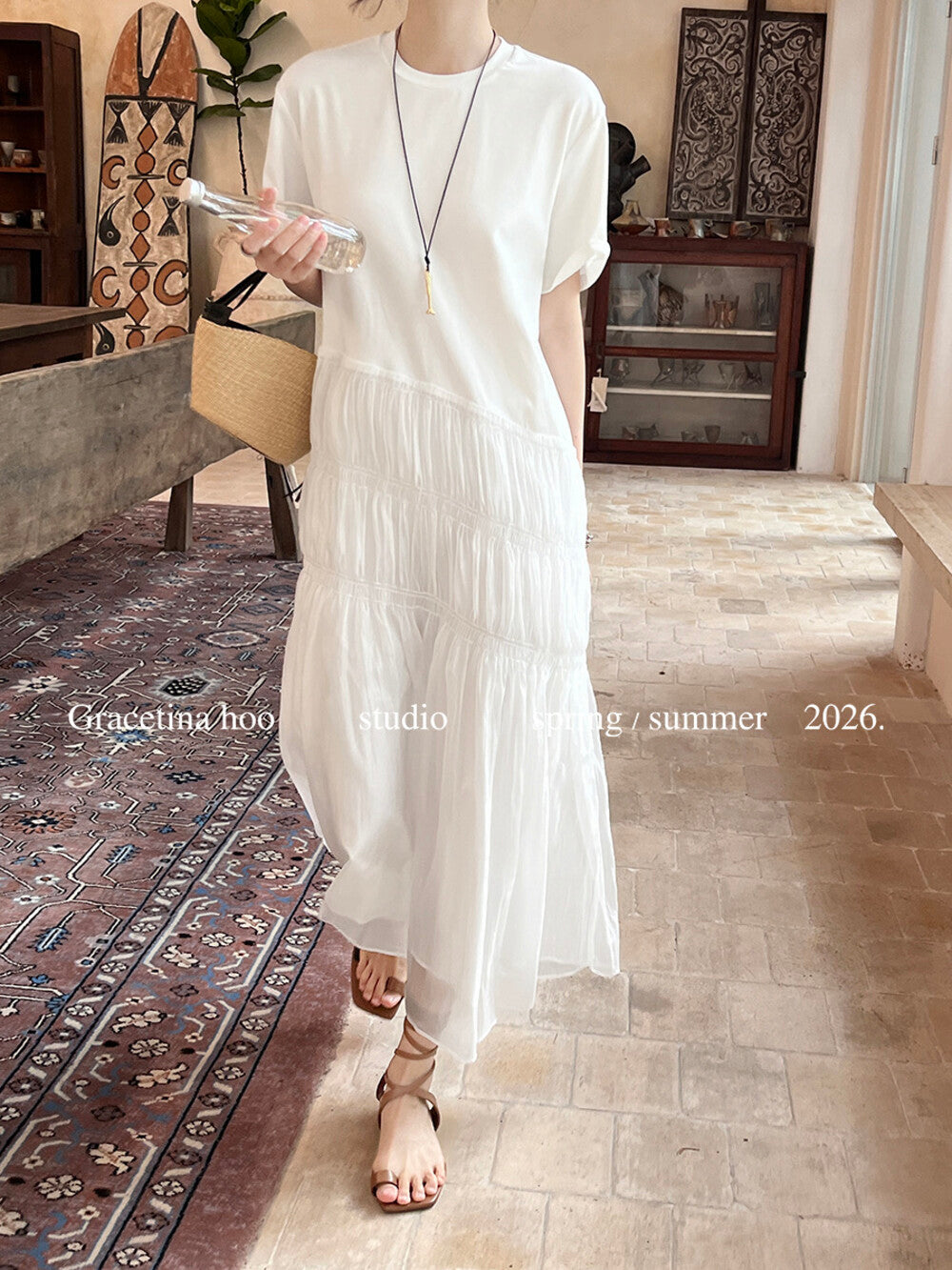 Cotton T-Shirt Spliced Mesh Tiered Ruffle Maxi Dress Patchwork A-Line Elegant Casual Summer Dress White Black - Seldom Seen Styles