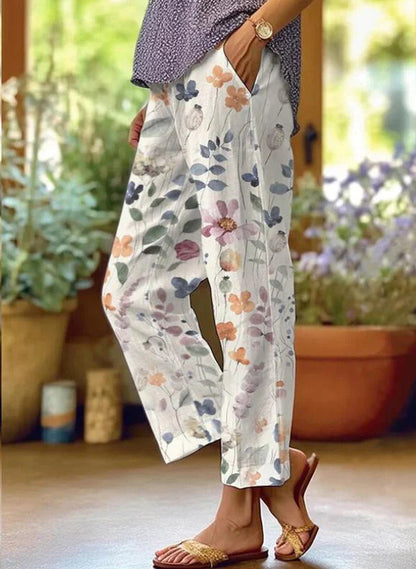 Leinenhose Damen Sommer Elastische Taille Gerades Bein Übergröße Crop Pants Lässige Strandhose mit Taschen